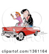 Cartoon Male Greaser Driving His Girl In A Red And White 1956 Chevrolet Bel Air Classic Convertible Car