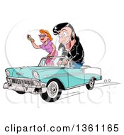 Poster, Art Print Of Cartoon Male Greaser Driving His Girl In A Light Blue And White 1956 Chevrolet Bel Air Classic Convertible Car