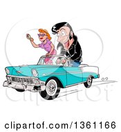 Poster, Art Print Of Cartoon Male Greaser Driving His Girl In A Blue And White 1956 Chevrolet Bel Air Classic Convertible Car