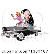 Cartoon Male Greaser Driving His Girl In A Black And White 1956 Chevrolet Bel Air Classic Convertible Car