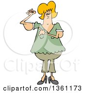 Clipart Of A Cartoon Chubby Blond White Woman With Flabby Arms Pointing To The Problem Royalty Free Vector Illustration