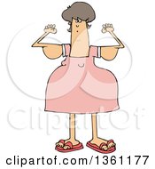 Clipart Of A Cartoon Chubby Brunette White Woman With Flabby Arms Flexing Royalty Free Vector Illustration