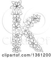 Black And White Lineart Floral Lowercase Alphabet Letter K