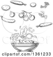 Poster, Art Print Of Black And White Sketched Salad Bowl With Vegetables