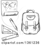 Poster, Art Print Of Black And White Sketched Backpack Ruler And Map