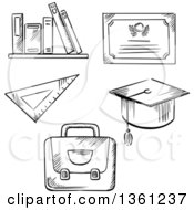 Poster, Art Print Of Black And White Sketched Diploma Graduation Cap Books Ruler And Backpack