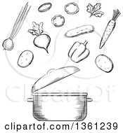 Black And White Sketched Soup Pot And Vegetables