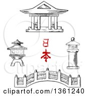 Black And White Sketched Japanese Bridge Temple And Stone Lanterns