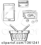 Poster, Art Print Of Black And White Sketched Shopping Basket Smart Phone Cash And Credit Card