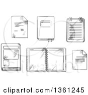 Poster, Art Print Of Black And White Sketched Book Open Spiral Notebook And Notepad Paper Documents And Diary With Ribbon Bookmark