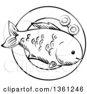 Clipart Of A Black And White Sketched Cooked Fish On A Plate Royalty Free Vector Illustration