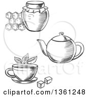 Clipart Of A Black And White Sketched Honey Jar Tea Pot And Cup Royalty Free Vector Illustration