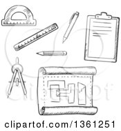 Poster, Art Print Of Black And White Sketched Drafting Tools