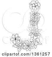 Poster, Art Print Of Black And White Lineart Floral Uppercase Alphabet Letter J