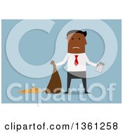 Poster, Art Print Of Flat Design Black Business Man Holding A Calculator And Leaking Money Bag On A Blue Background