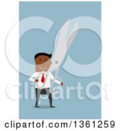 Poster, Art Print Of Flat Design Black Business Man Holding Scissors On A Blue Background