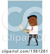 Poster, Art Print Of Flat Design Black Business Man Using A Compass On A Blue Background