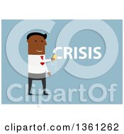 Clipart Of A Flat Design Black Business Man Erasing Crisis Text On A Blue Background Royalty Free Vector Illustration