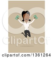 Poster, Art Print Of Flat Design Black Business Woman Holding Cash And Jumping On A Tan Background