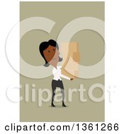 Clipart Of A Flat Design Black Business Woman Carrying Boxes On A Green Background Royalty Free Vector Illustration