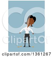 Clipart Of A Flat Design Black Business Woman With Empty Turned Out Pockets On A Blue Background Royalty Free Vector Illustration