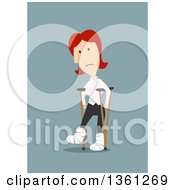 Poster, Art Print Of Flat Design Red Haired White Business Woman Walking With Crutches On A Blue Background