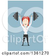 Poster, Art Print Of Flat Design Red Haired White Business Woman Lifting A Barbell Over Her Head On A Blue Background