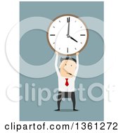 Poster, Art Print Of Flat Design White Business Man Holding Up A Clock On A Blue Background
