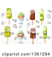 Poster, Art Print Of Cartoon Faces Hands Popsicles And Ice Cream Sundaes