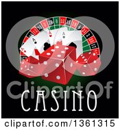 Casino Roulette Wheel With Poker Chips Dice Playing Cards And Text On Black And Green