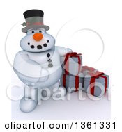 Poster, Art Print Of 3d Snowman Character With Christmas Gifts On A Shaded White Background