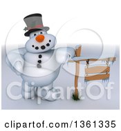 Clipart Of A 3d Snowman Character Leaning On A Wooden Sign On A Shaded White Background Royalty Free Illustration