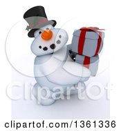 Poster, Art Print Of 3d Snowman Character Carrying Christmas Gifts On A Shaded White Background