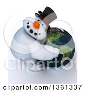 Poster, Art Print Of 3d Snowman Character Hugging Planet Earth Featuring The Americas On A Shaded White Background