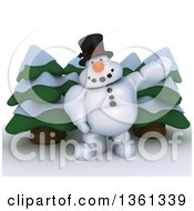 Poster, Art Print Of 3d Snowman Character Presenting Over Evergreens On A Shaded White Background