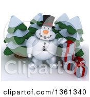 Poster, Art Print Of 3d Snowman Character With Christmas Gifts And Evergreen Trees On A Shaded White Background