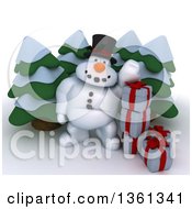 Poster, Art Print Of 3d Snowman Character With Christmas Gifts And Evergreen Trees On A Shaded White Background