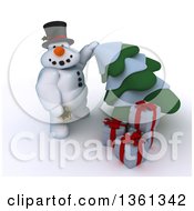 Poster, Art Print Of 3d Snowman Character With Christmas Gifts Putting A Star On An Evergreen Tree On A Shaded White Background