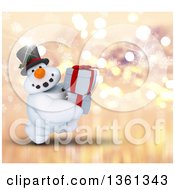 Poster, Art Print Of 3d Snowman Character Carrying Christmas Gifts On A Sparkly Snowflake And Bokeh Background