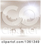 Poster, Art Print Of Christmas Background Of Silhouetted Alert Deer In The Snow Against Trees With Sunshine Golden Sepia Tones
