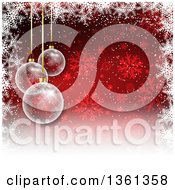 Clipart Of A Background Of 3d Transparent Christmas Baubles Hanging Over A Red Snowflake Background With A Border Of White Royalty Free Vector Illustration