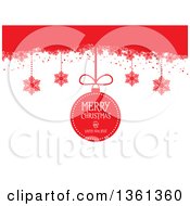 Poster, Art Print Of Suspended Merry Christmas And Happy New Year Bauble And Snowflakes From Red On White