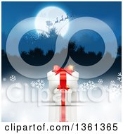 Poster, Art Print Of Silhouetted Santa Flying His Magic Sleigh Over A Full Moon And Wooded Mountains With 3d Christmas Gifts And Snowflakes Below