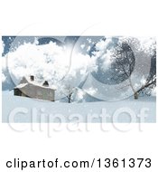 Poster, Art Print Of 3d Log Cabin On Top Of A Snowy Hill With Trees Clouds And Sunshine