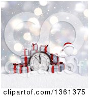 3d White Man With Christmas Gifts And A Clock Over Snow And Bokeh