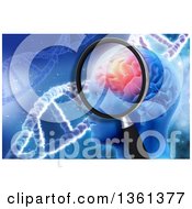 Clipart Of A 3d Magnifying Glass Over A Mans Head With Visible Glowing Brain Over DNA Strands On Blue Royalty Free Illustration by KJ Pargeter