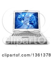3d Human Brain Sparking And Being Struck With Lightning Bolts On A Laptop Computer Screen Over Shaded White