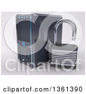 Poster, Art Print Of 3d Desktop Computer Tower With An Open Padlock On A Shaded Background
