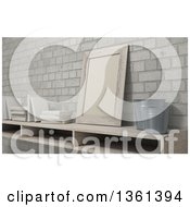 Clipart Of A 3d Shelf With A Frame Pots And Books Against Bricks Royalty Free Illustration