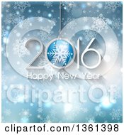 Clipart Of A 3d 2016 Happy New Year Bauble Greeting Over Blue Snowflakes Flares And Stars Royalty Free Vector Illustration